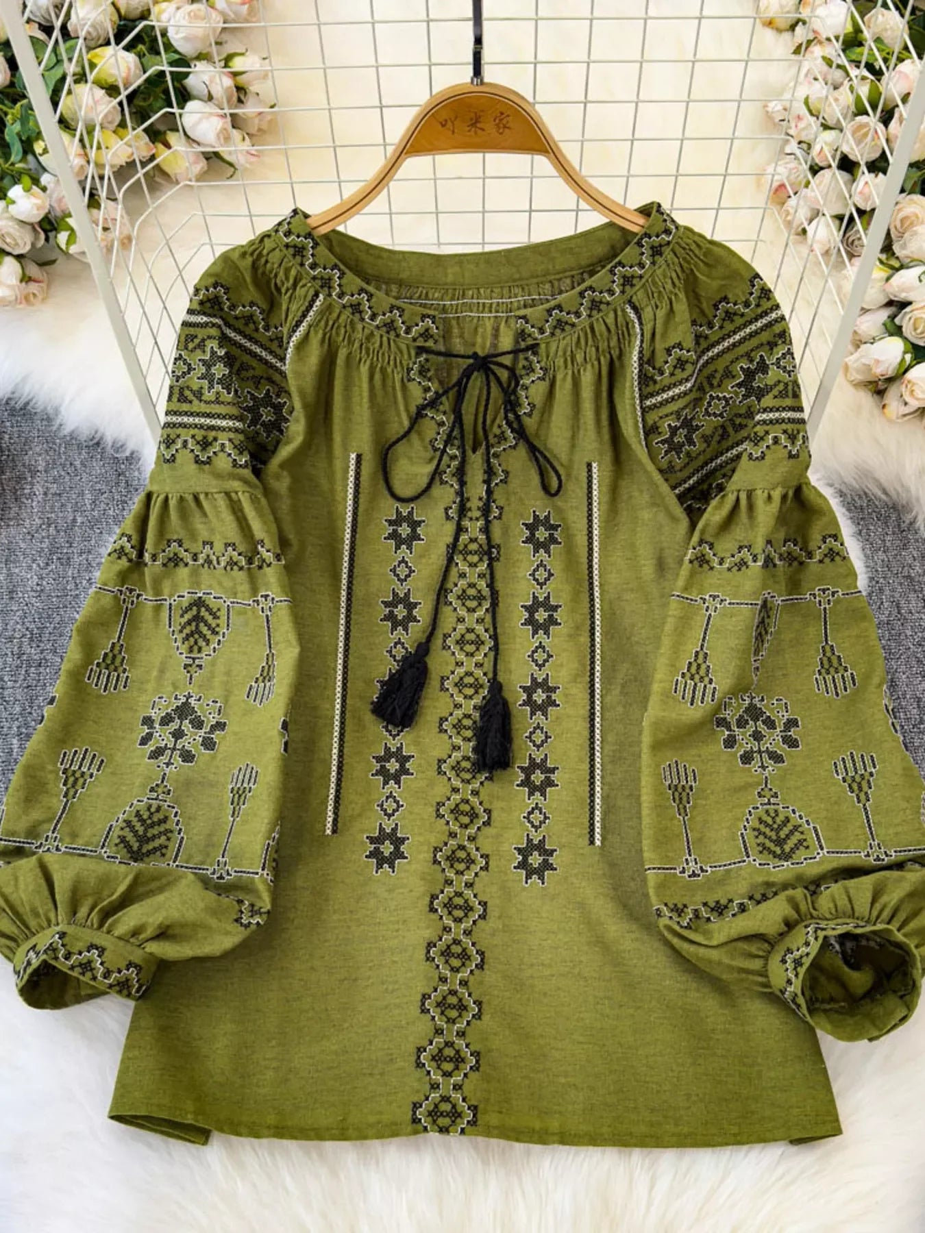 Bohemian Embroidered Blouse with Tassel Tie
