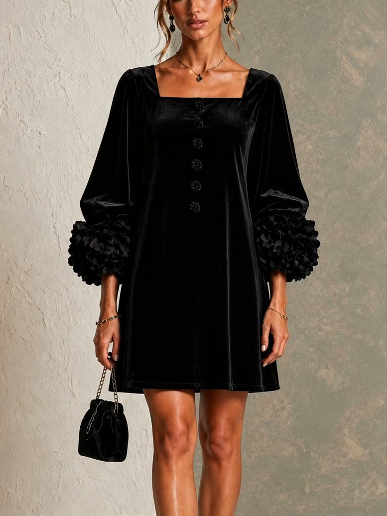 Velvet Mini Dress | Square Neck | 3D Floral Cuff Balloon Sleeve
