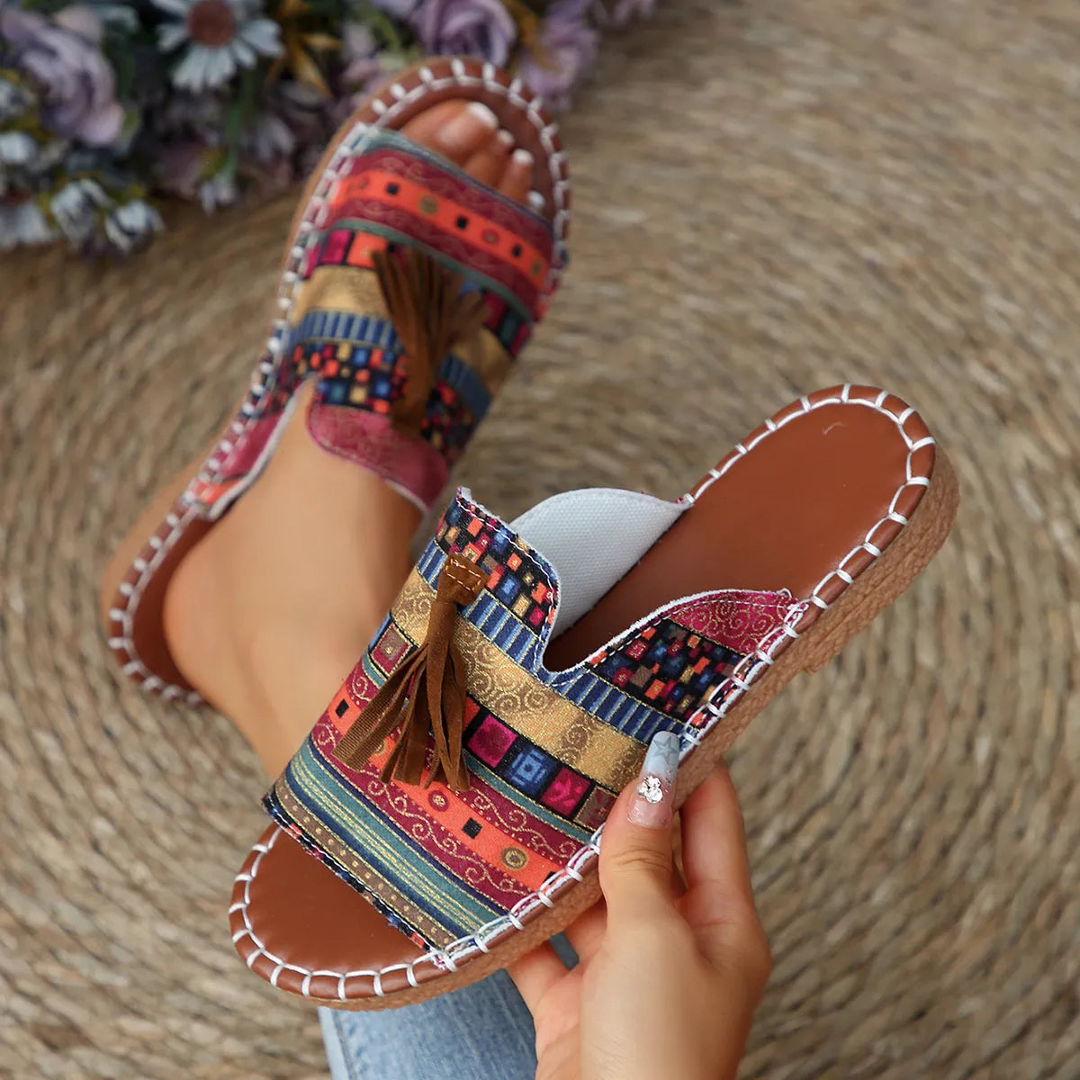 Printed Tassel Flat Sandals
