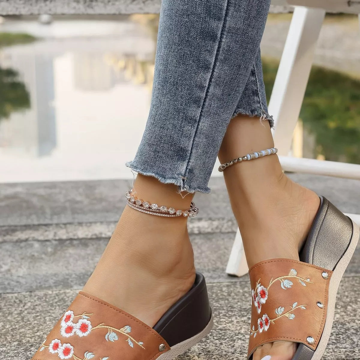 Floral Embroidered Wedge Sandals