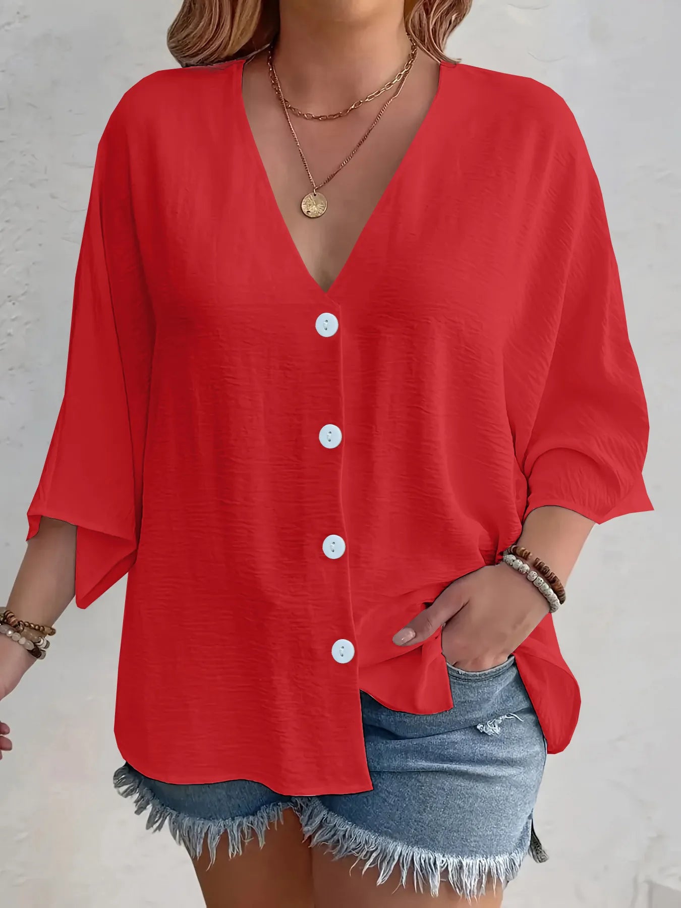 Full Size Casual V-Neck Button Down Relaxed Fit Blouse Plus Size