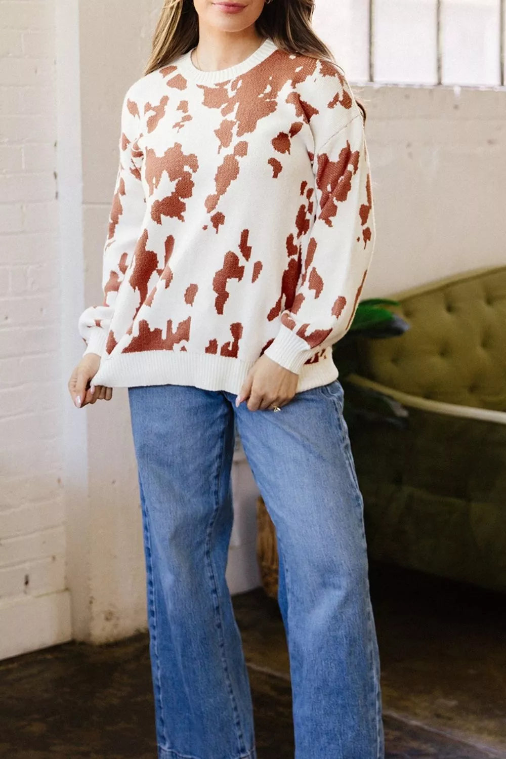 Abstract Print Drop Shoulder Long Sleeve Round Neck Sweater