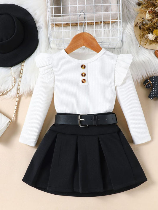 Children's Ruffle Sleeve Top & Pleated Skirt Set with Hat and Belt