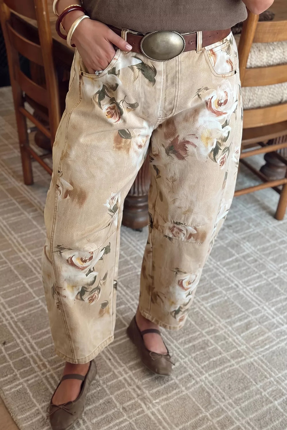 Retro Floral Print Relaxed Barrel Jeans