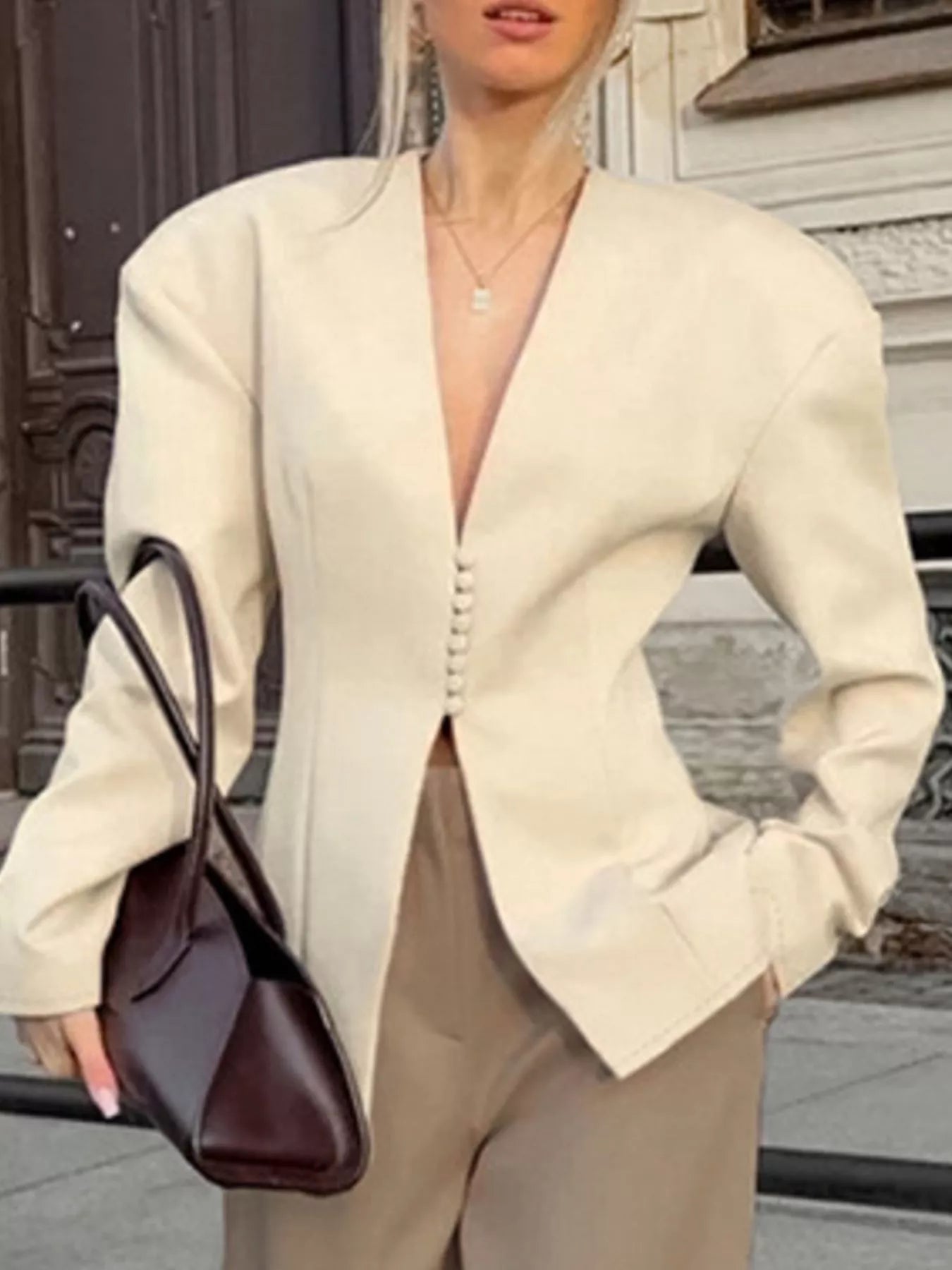 V-Neck Button-Up Blazer with Structured Shoulders
