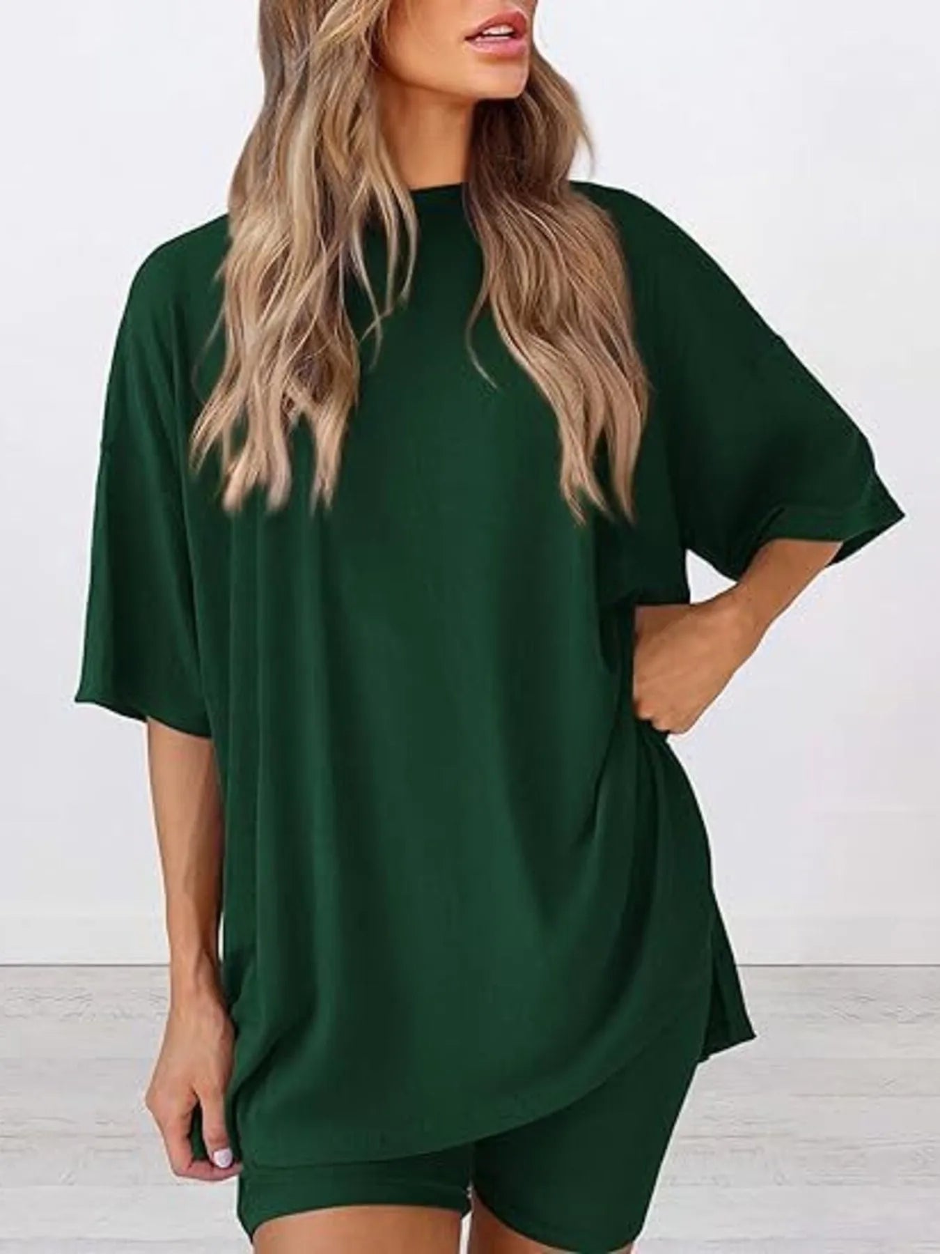 Full Size Oversized Round Neck Top and Shorts Set Plus Size