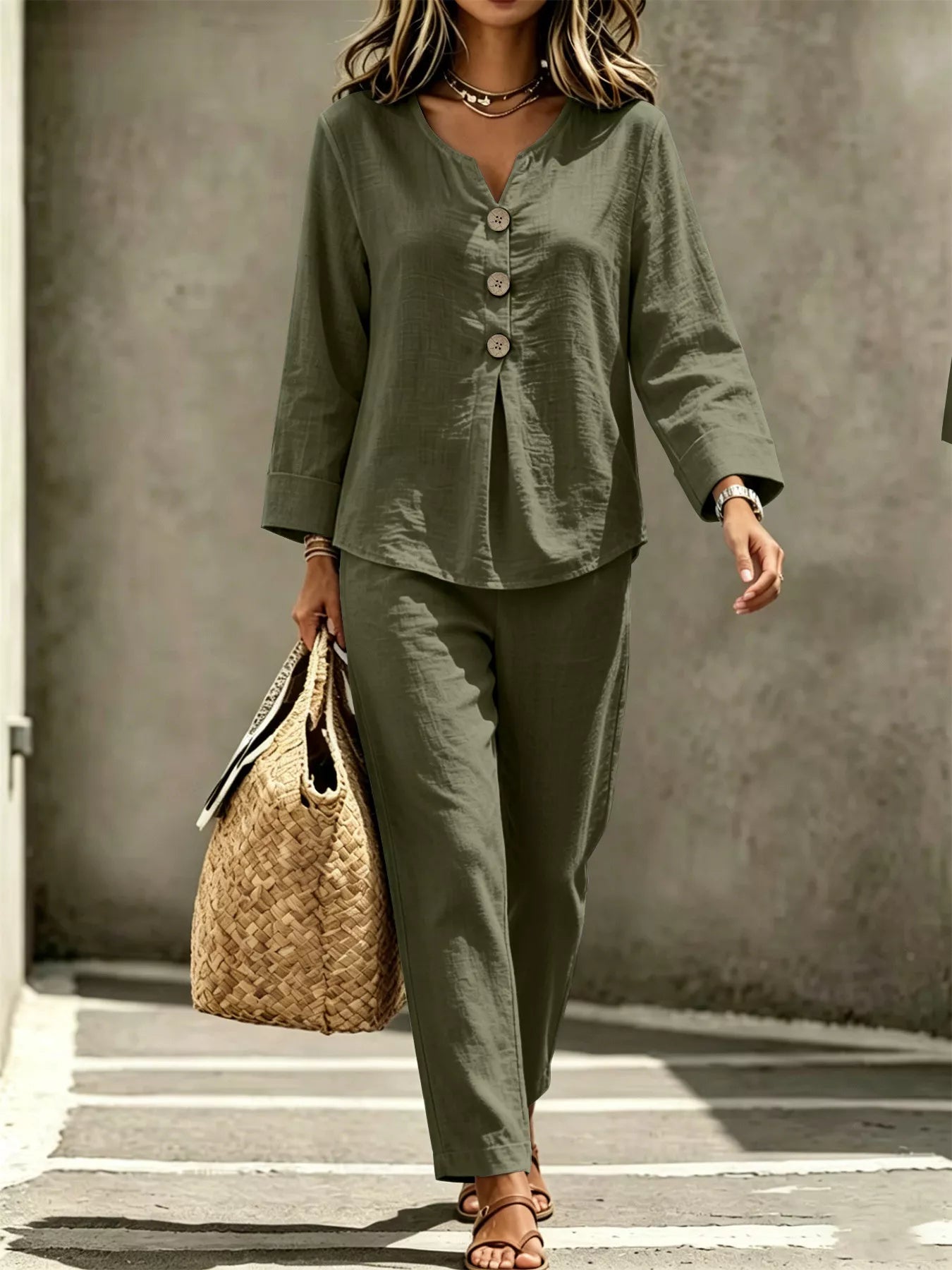 Button Detail Long Sleeve Top and Pants Set