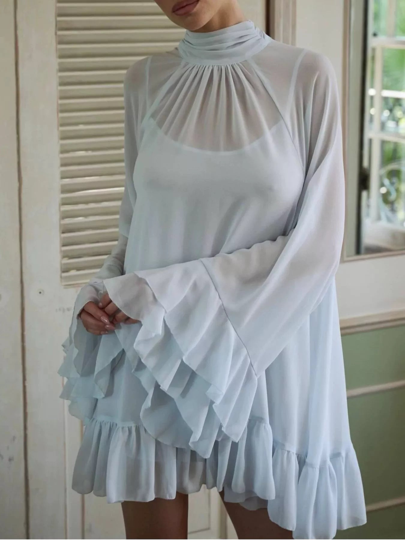 Sheer Mock Neck Flare Sleeve Dress
