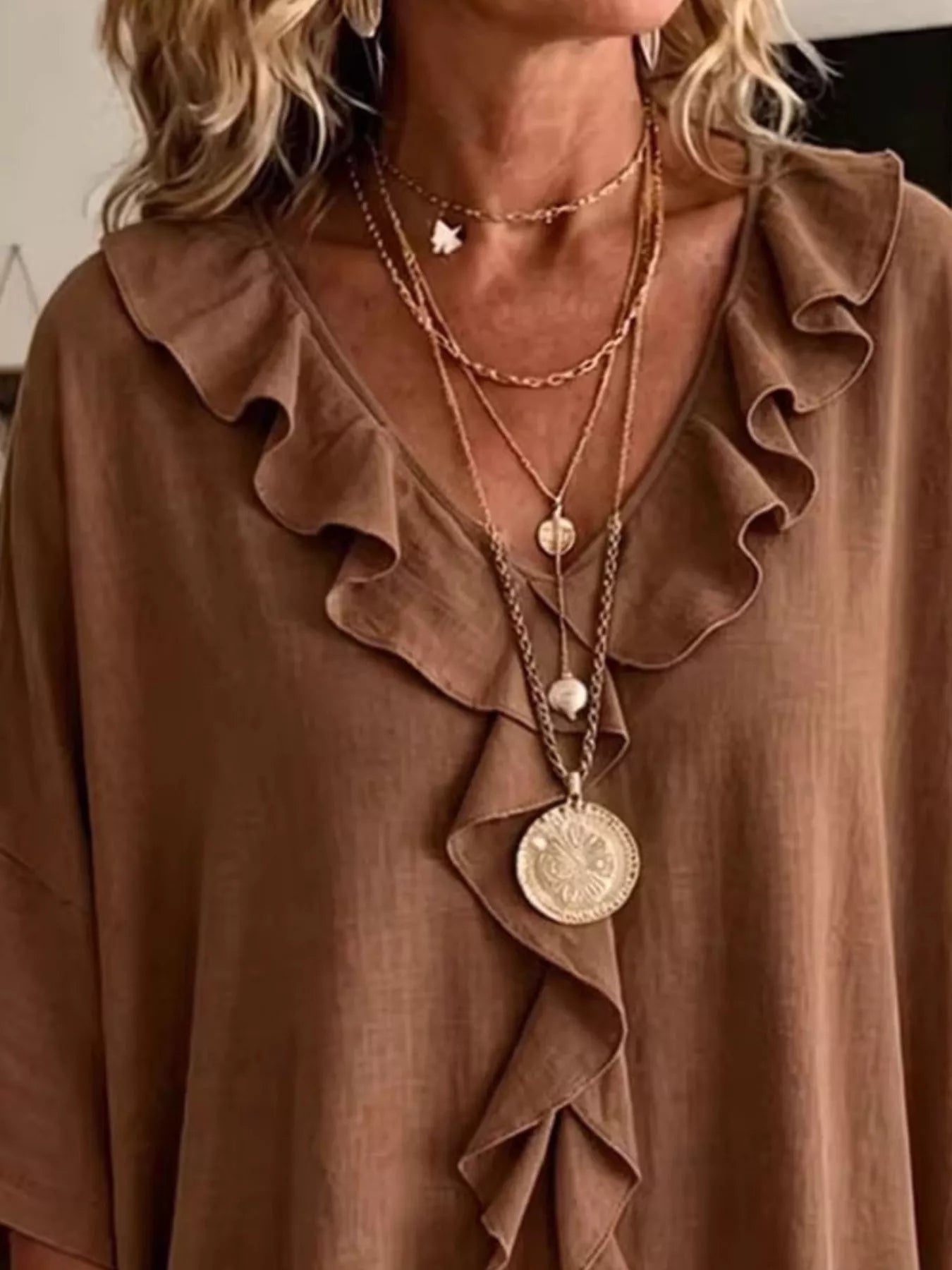 Full Size Ruffled V-Neck 3/4 Sleeve Blouse Plus Size