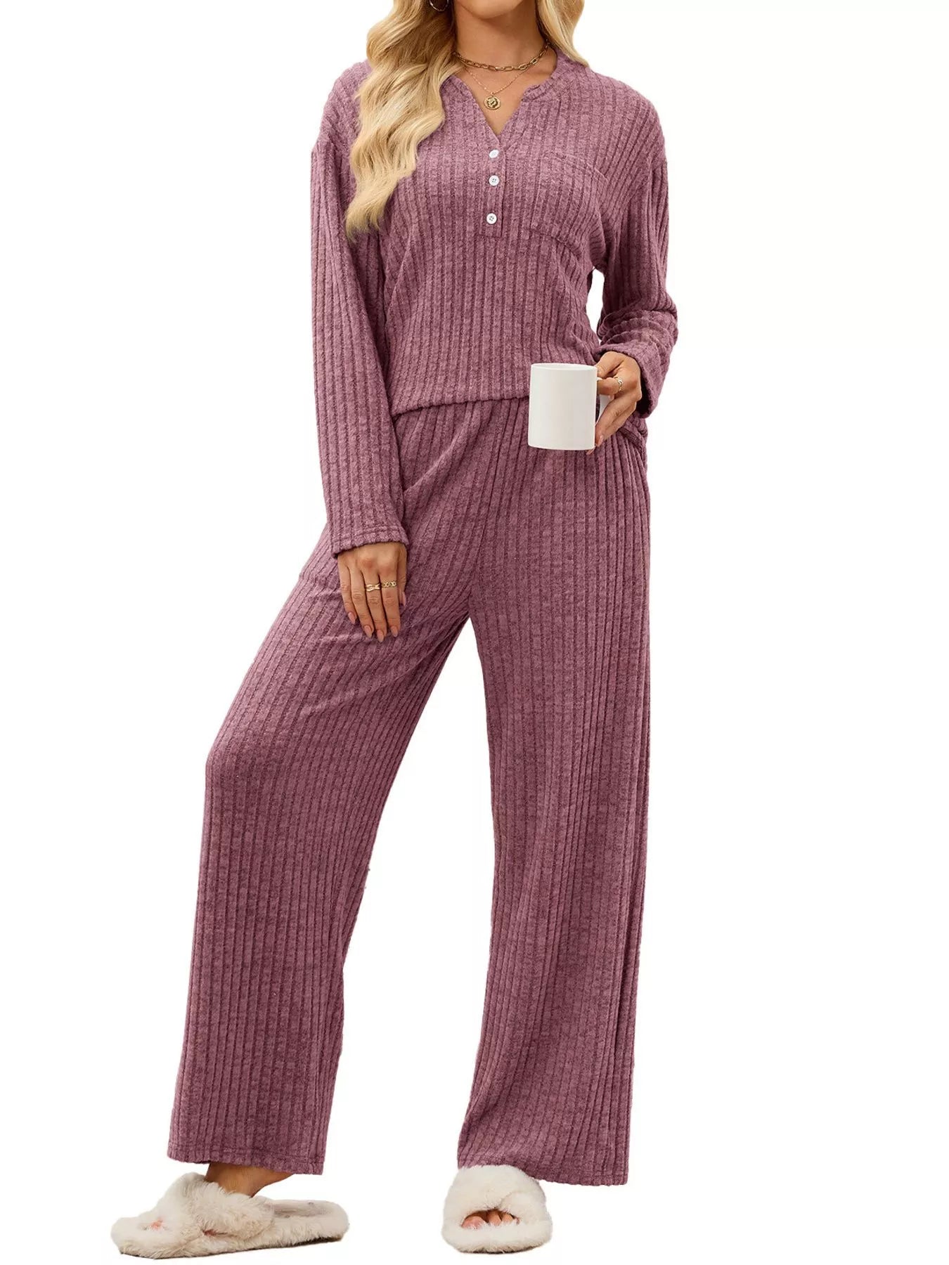 Ribbed Knit Top and Wide-Leg Pants Set