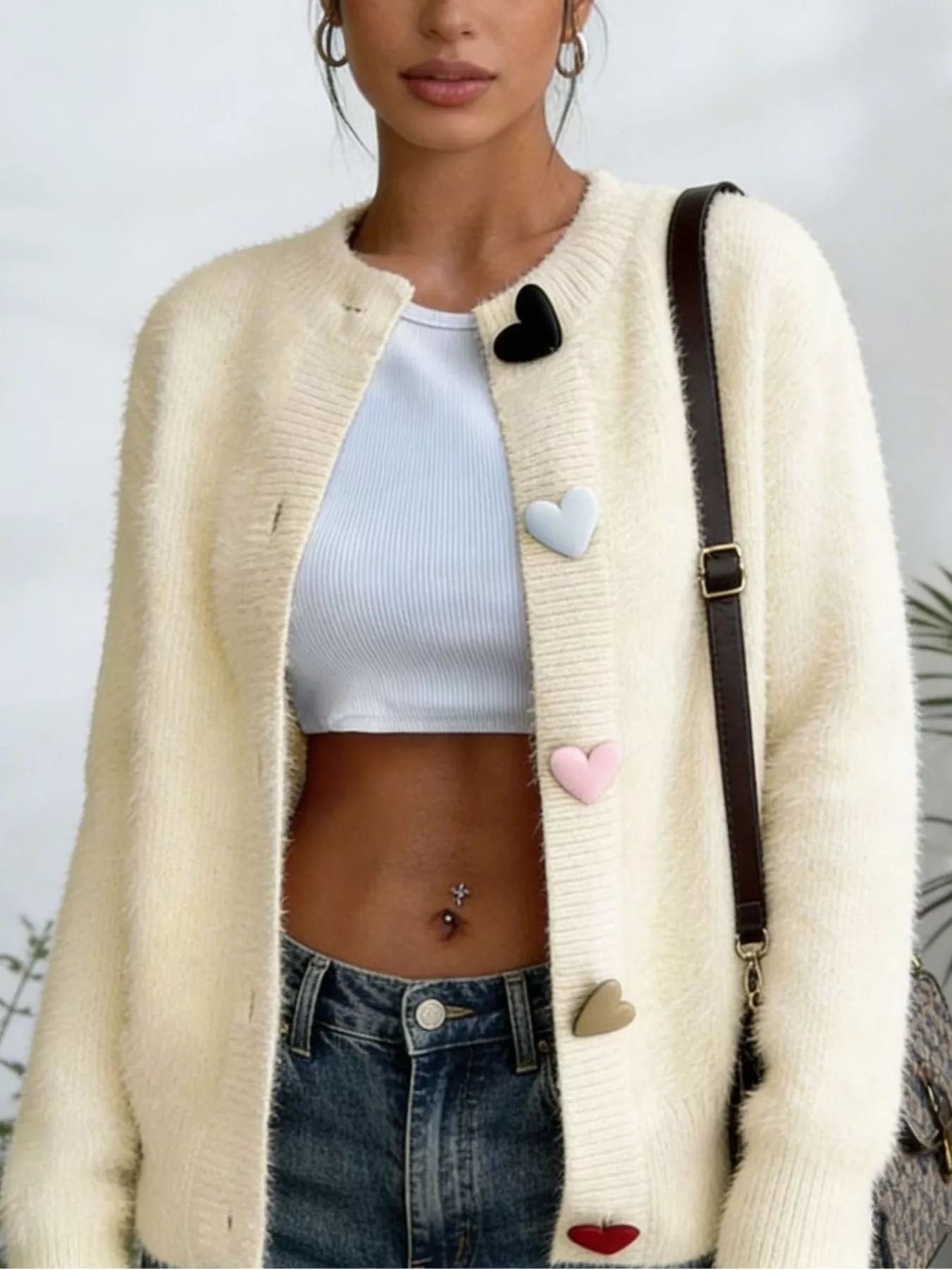 Full Size Heart Button Long Sleeve Cardigan Plus Size