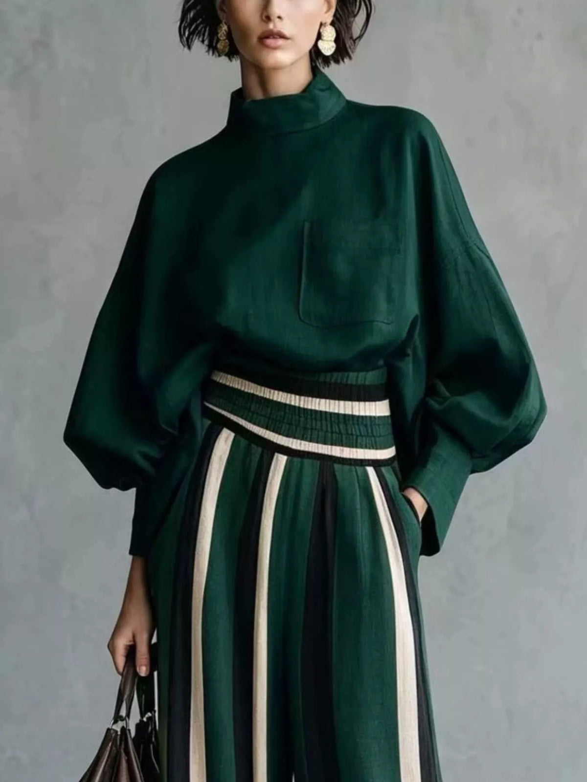 Full Size Mock Neck Top and Striped Wide-Leg Pants Set Plus Size