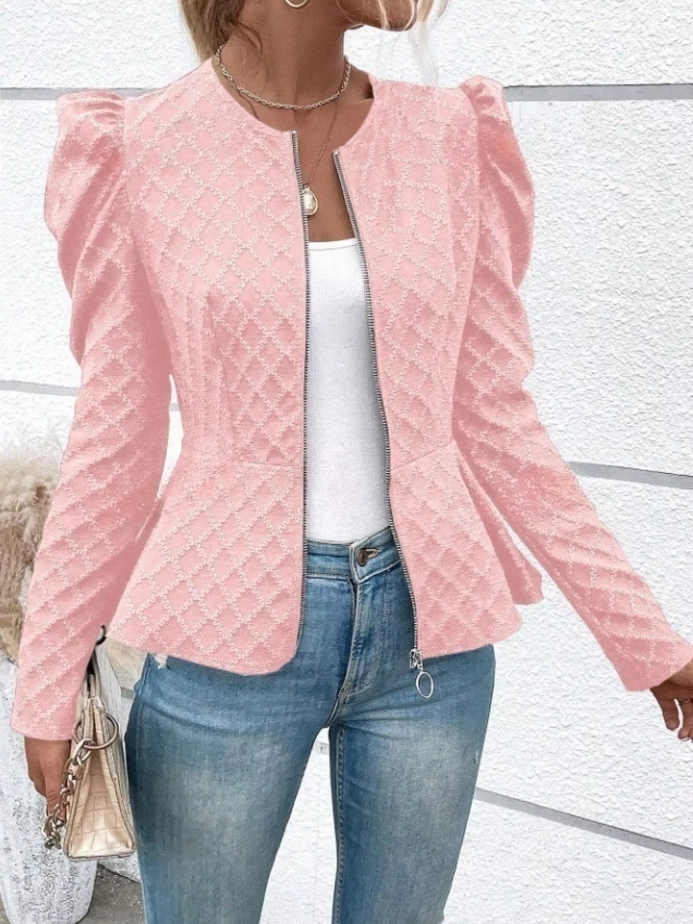Puff Sleeve Textured Jacquard Jacket