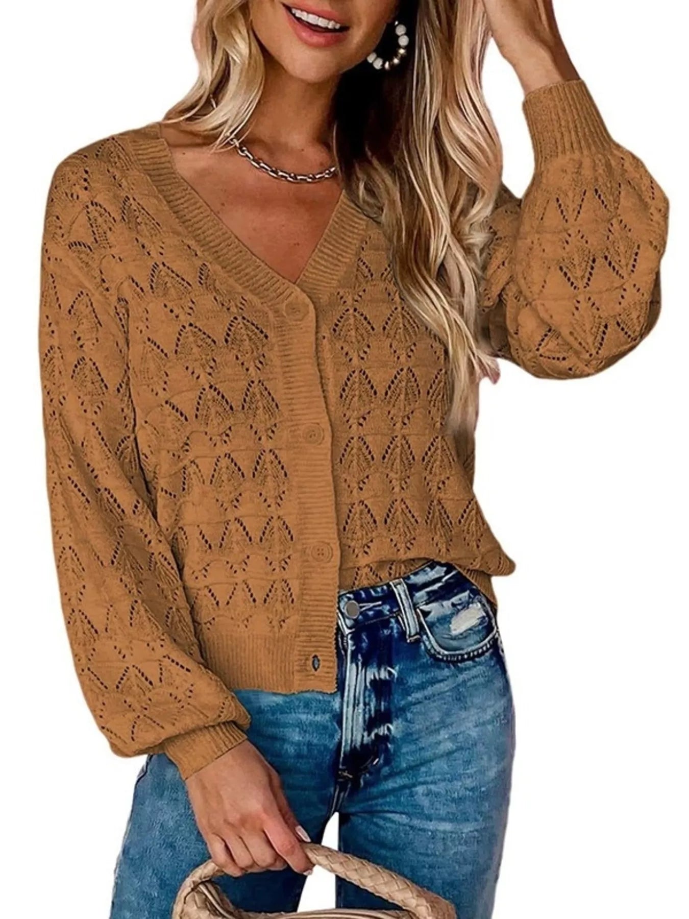 Chic V-Neck Openwork Button-Down Knit Cardigan