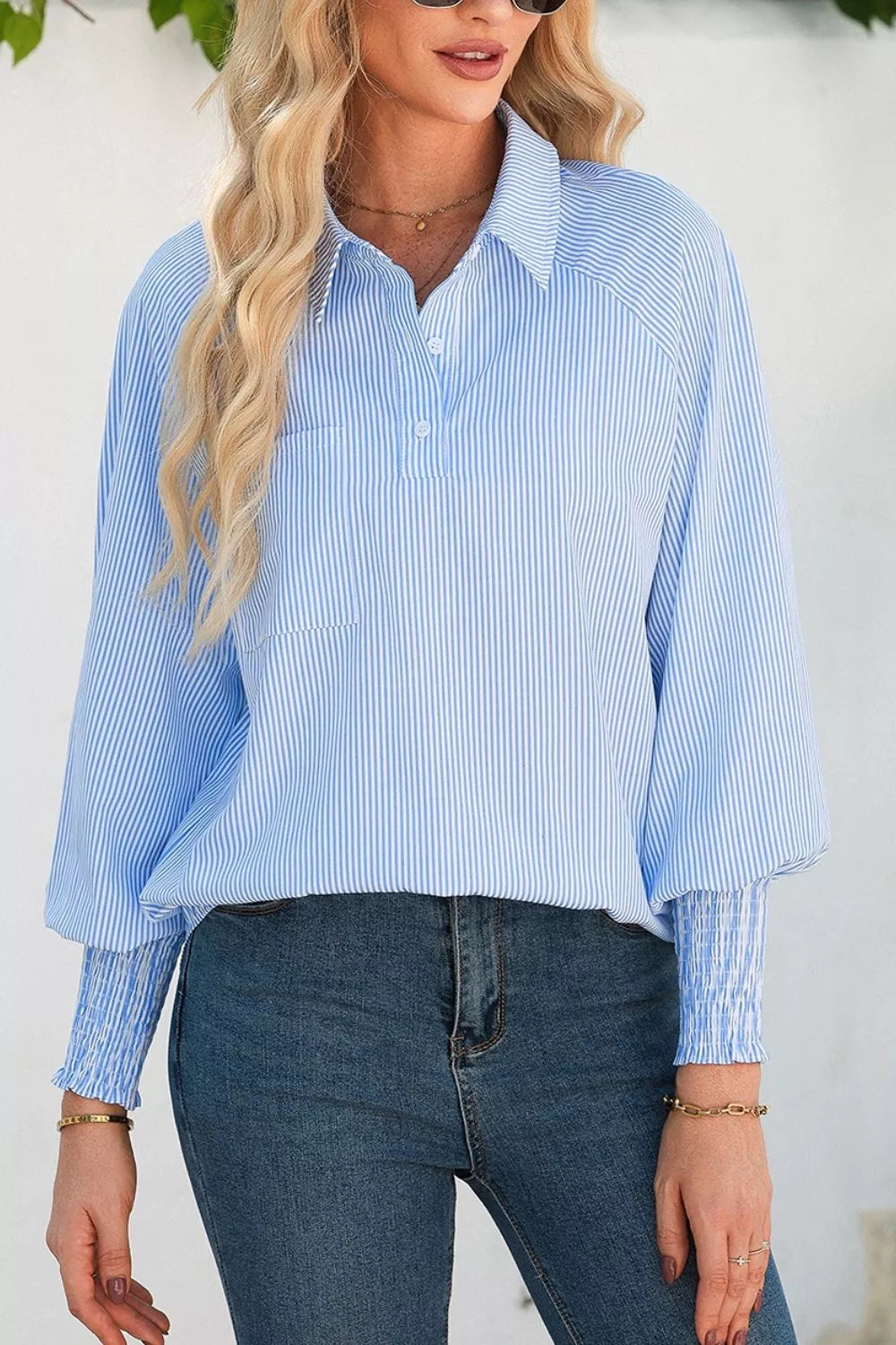 Striped Smocked Sleeve Collared Neck Blouse