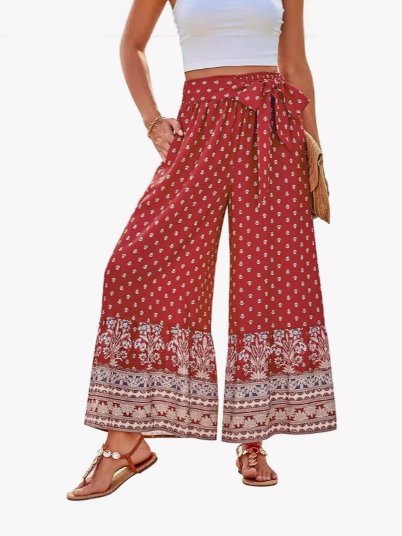 Full Size Tie Waist Wide-Leg Printed Pants Plus Size