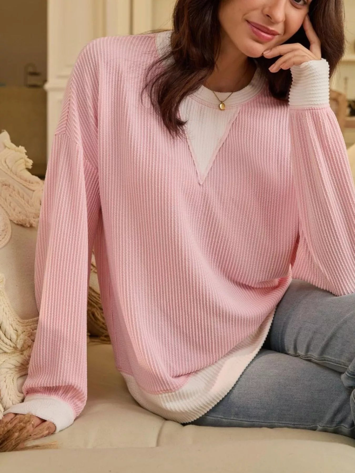 Two-Tone Ribbed Knit Sweatshirt