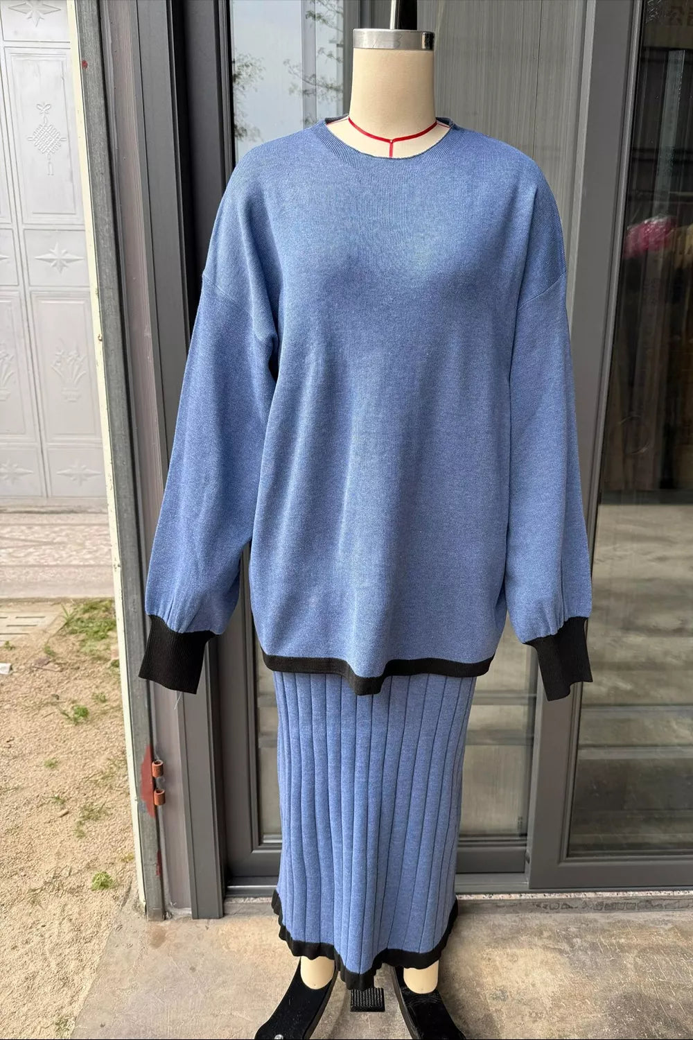 Contrast Trim Ribbed Knit Sweater and Skirt Set