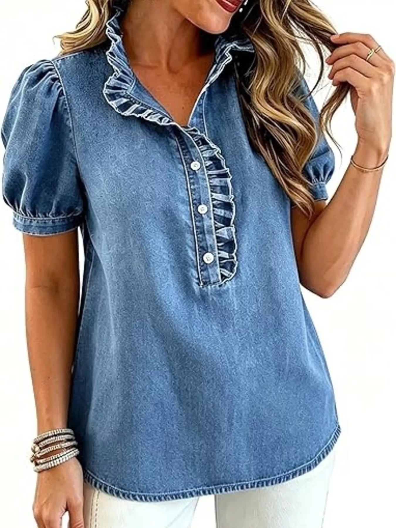Frill Puff Sleeve Denim Top