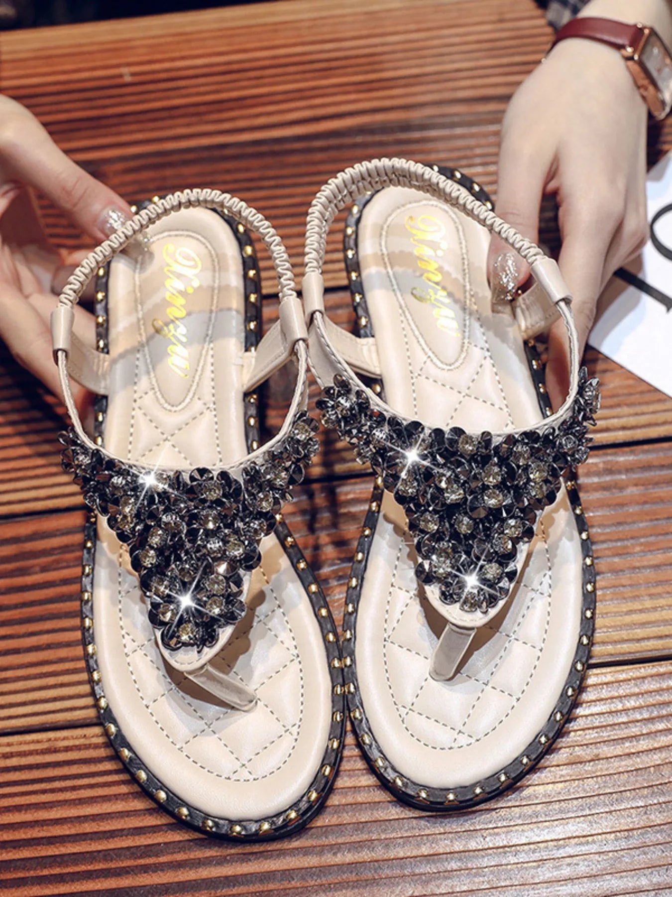 Rhinestone Embellished T-Strap Flat Sandals