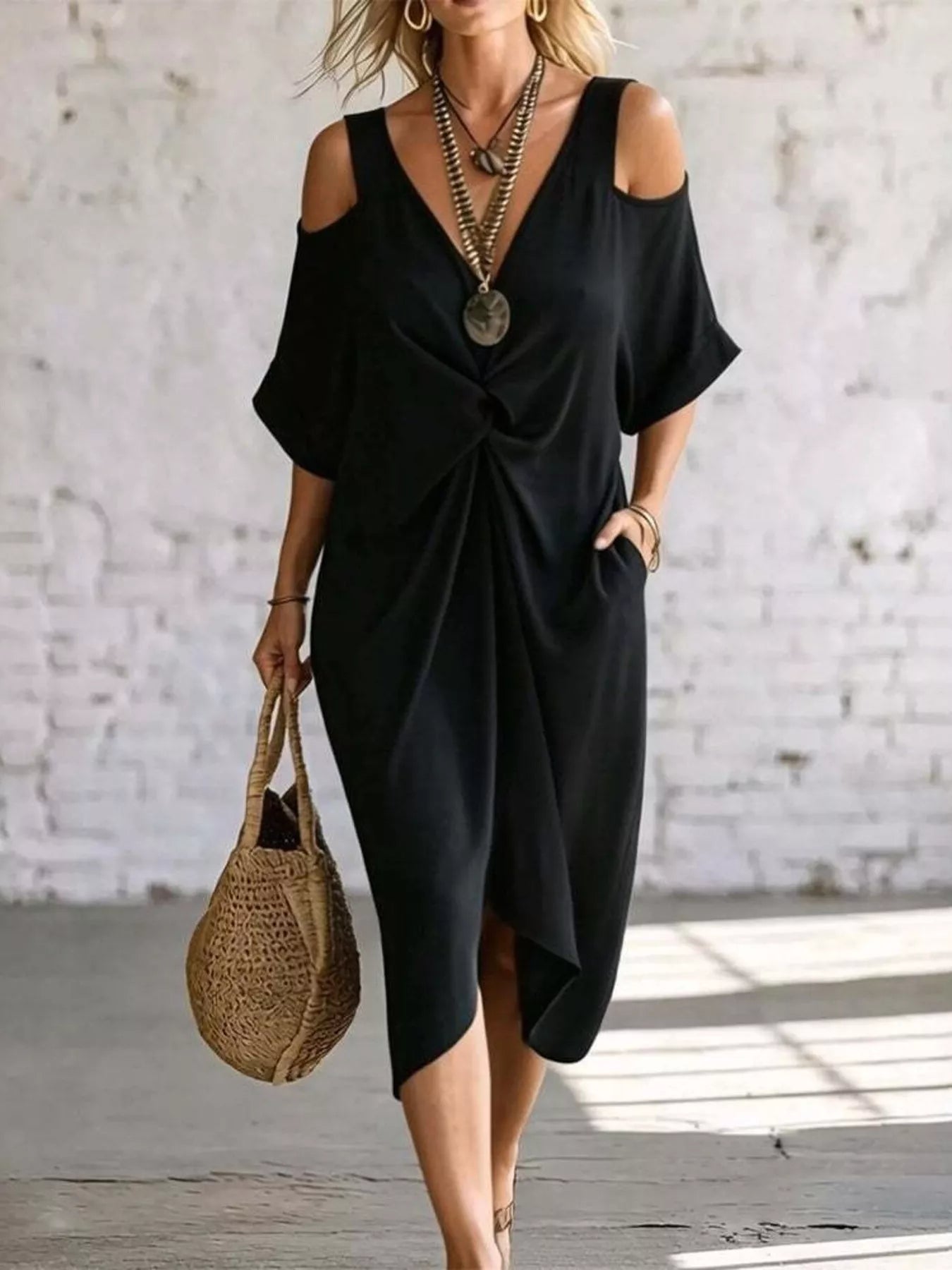 Full Size Cold Shoulder Twist Front Midi Dress Plus Size