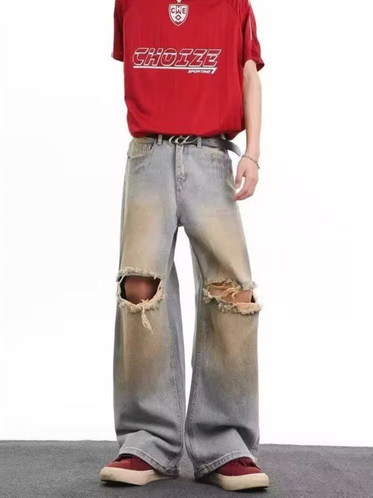 Men's Full Size Distressed Wide Leg Jeans Plus Size