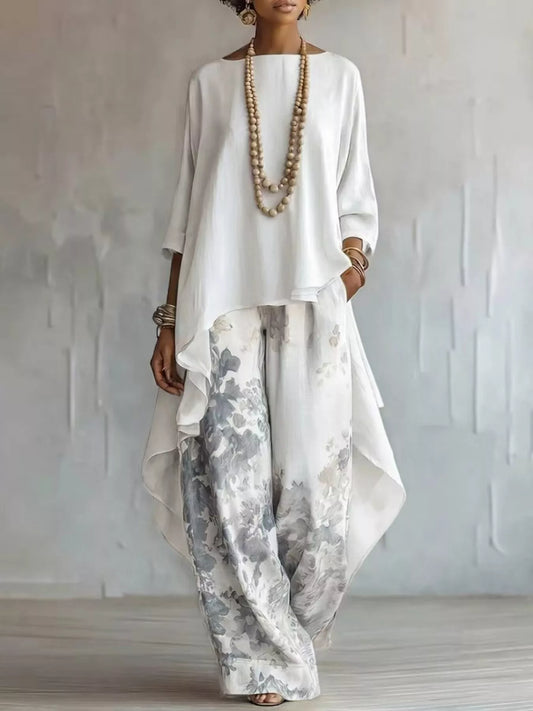 Asymmetrical Hem Top and Floral Pants Set