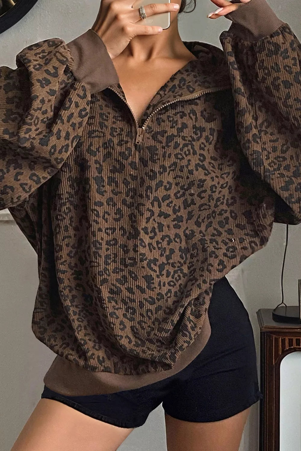 Leopard Print Quarter-Zip Sweatshirt