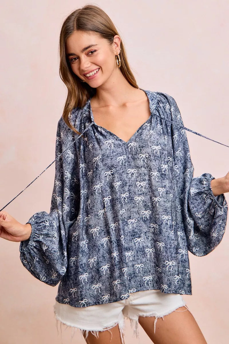 BiBi Ribbon Bow Print Exaggerated Balloon Sleeves Top