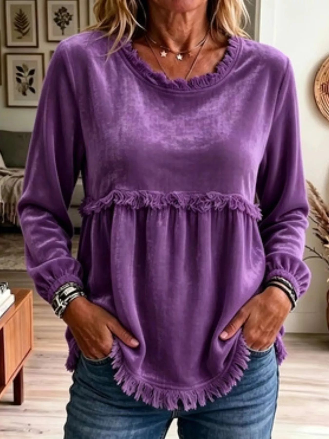 Fringed Hem Long Sleeve T-Shirt