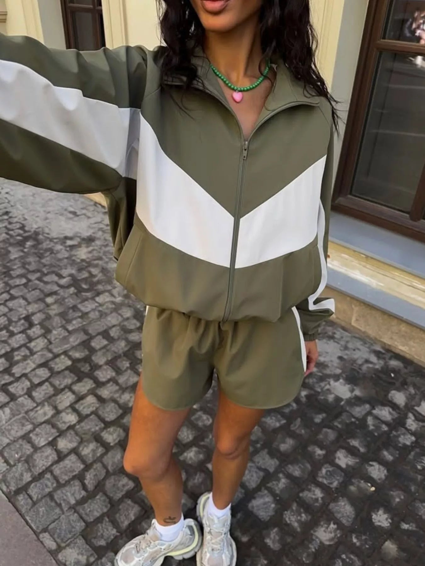 Color Block Zip Up Outerwear and Shorts Set