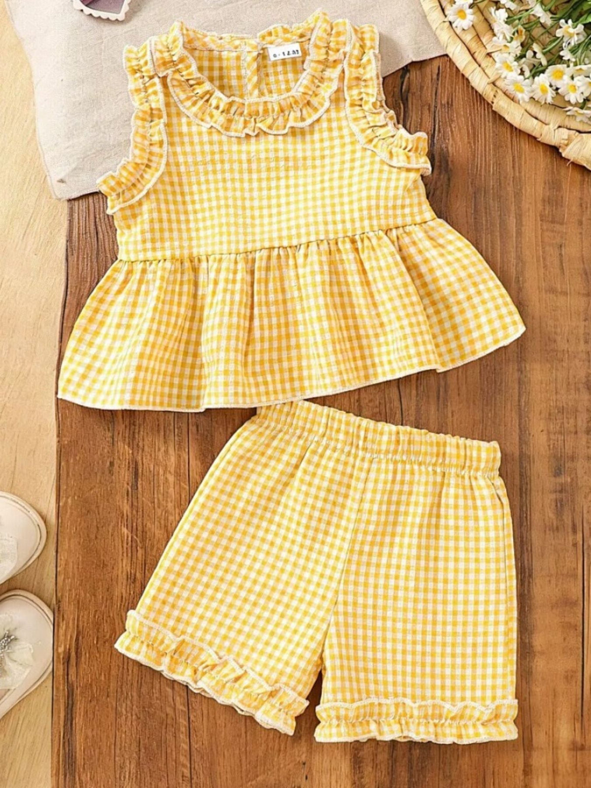 Children's Gingham Ruffle Trim Tank Top & Shorts Set