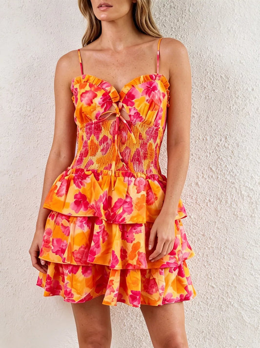 Cutout Floral Print Ruffle Layered Mini Dress