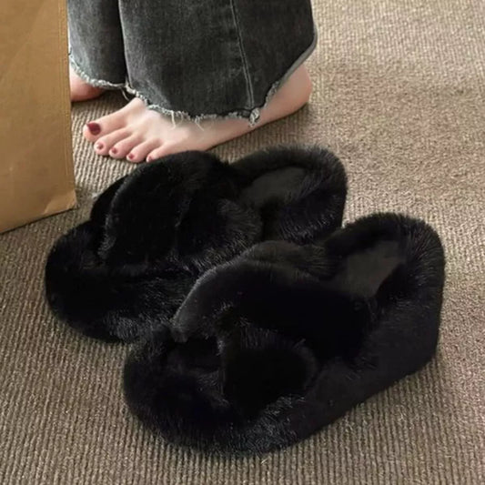 Fluffy Wedge Slippers
