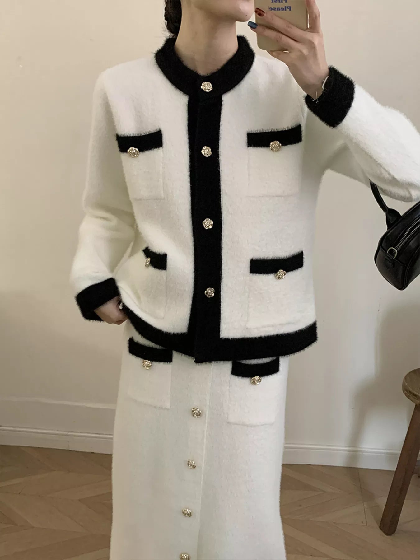 Contrast Trim Jacket and Skirts Sweater Set