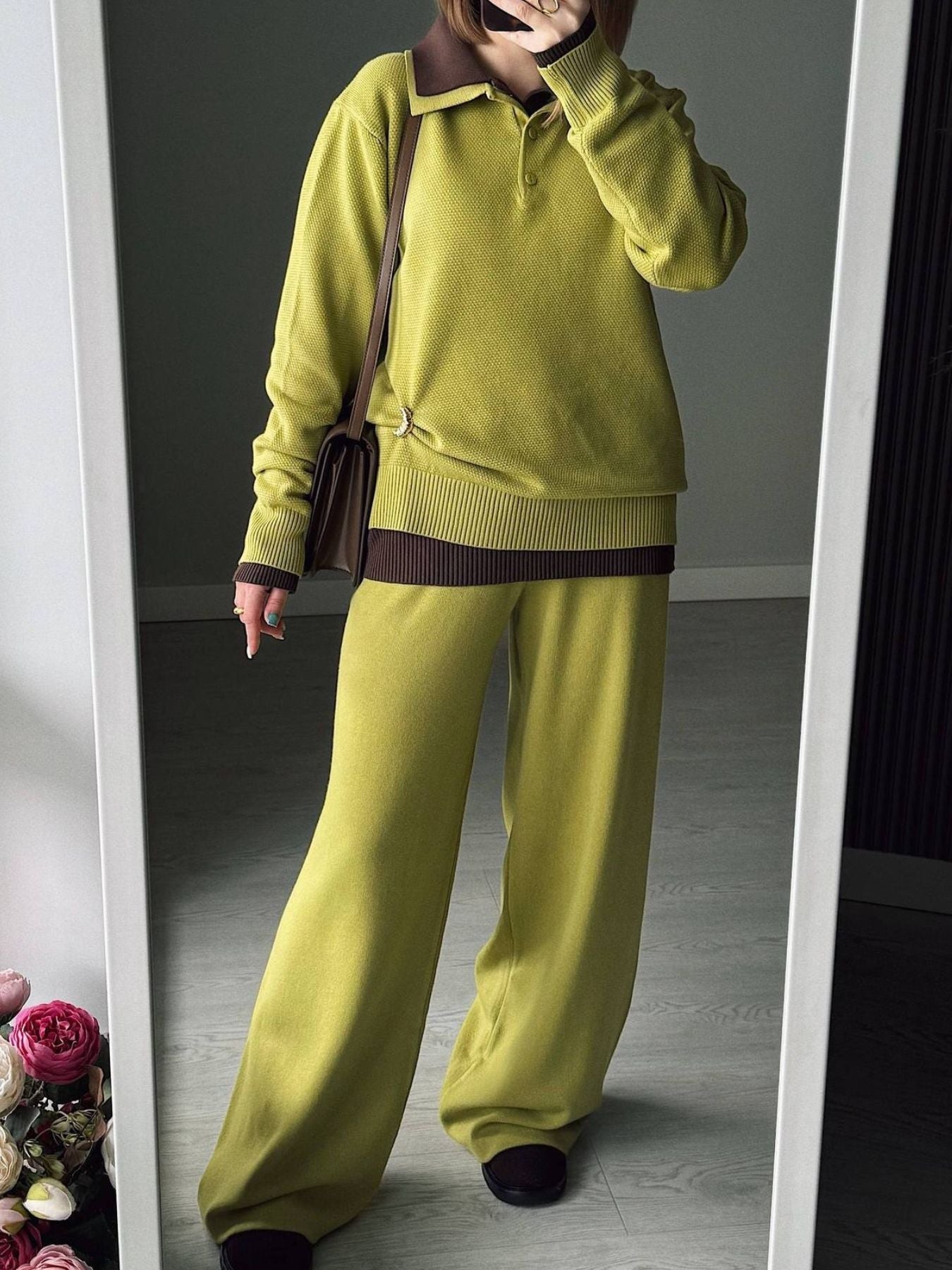 Polo Collar Top and Pants or Skirt Knit Set