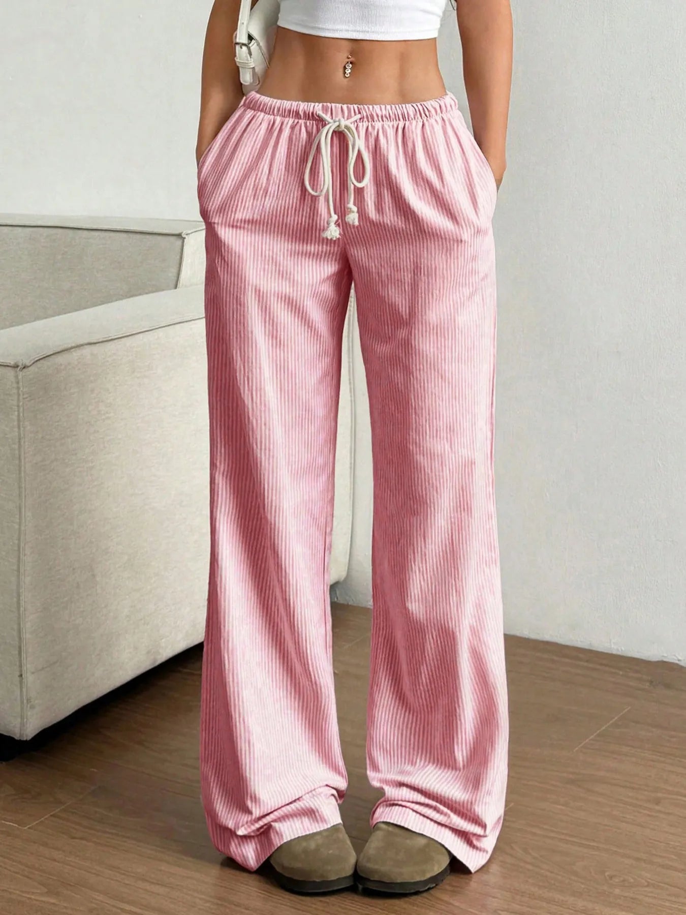 Drawstring Striped Wide Leg Pants