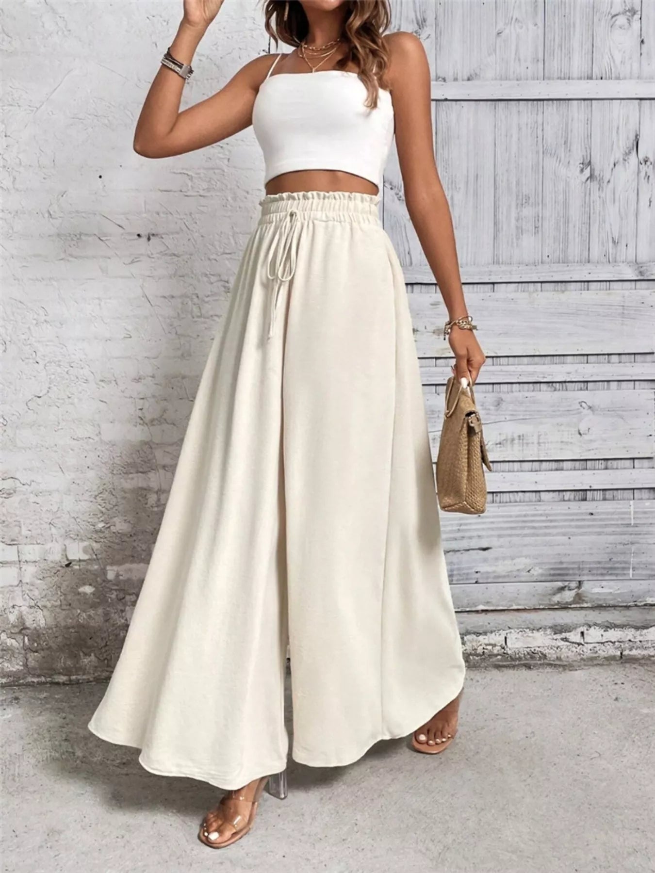 Wide Leg Drawstring Waist Casual Pants