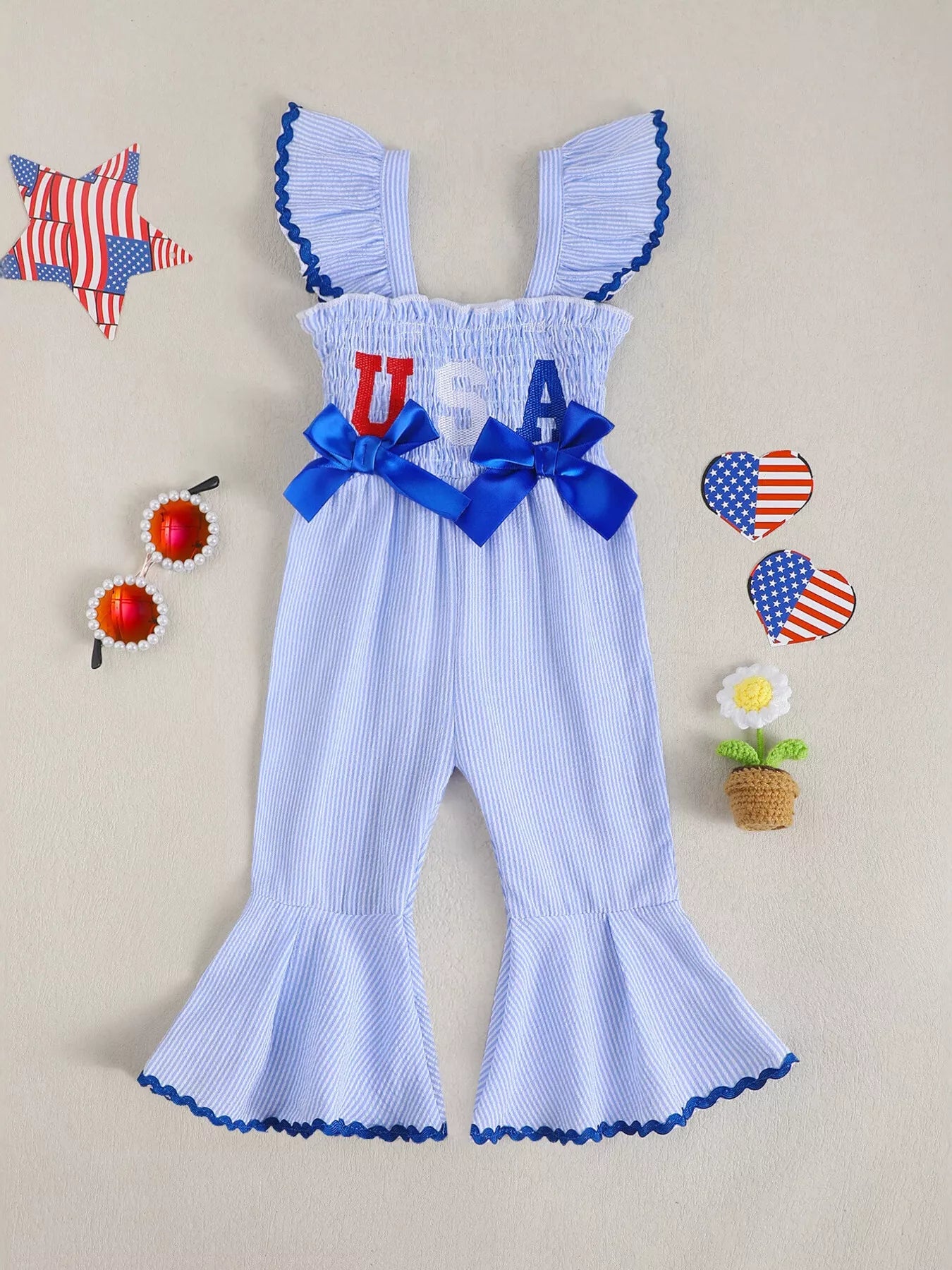 Children's USA Themed Ruffled Sleeve Smocked Jumpsuit