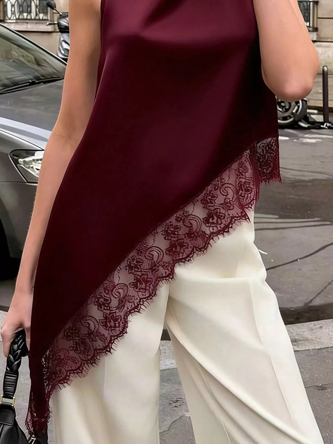 Polka Dot Lace Trim Asymmetrical Hem Sleeveless Blouse