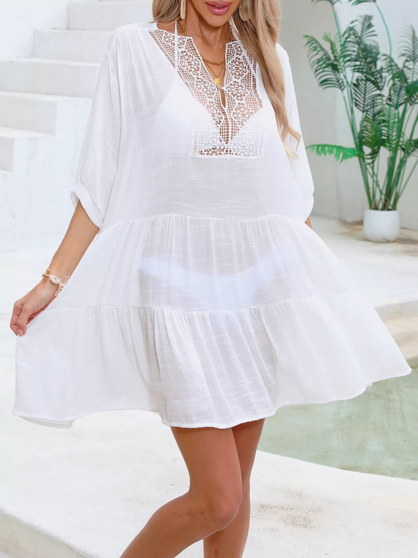 Lace Trimmed Tiered Cover-Up Dress