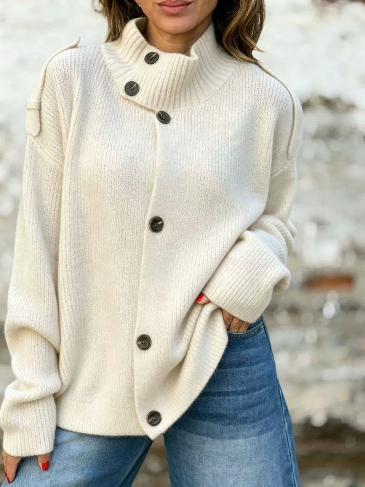 Full Size Button-Up Mock Neck Cardigan Plus Size