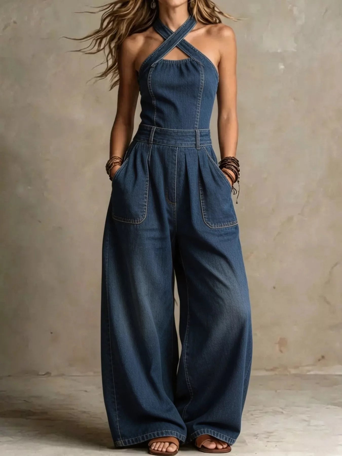 Full Size Wide-Leg Crisscross Denim Jumpsuit Plus Size