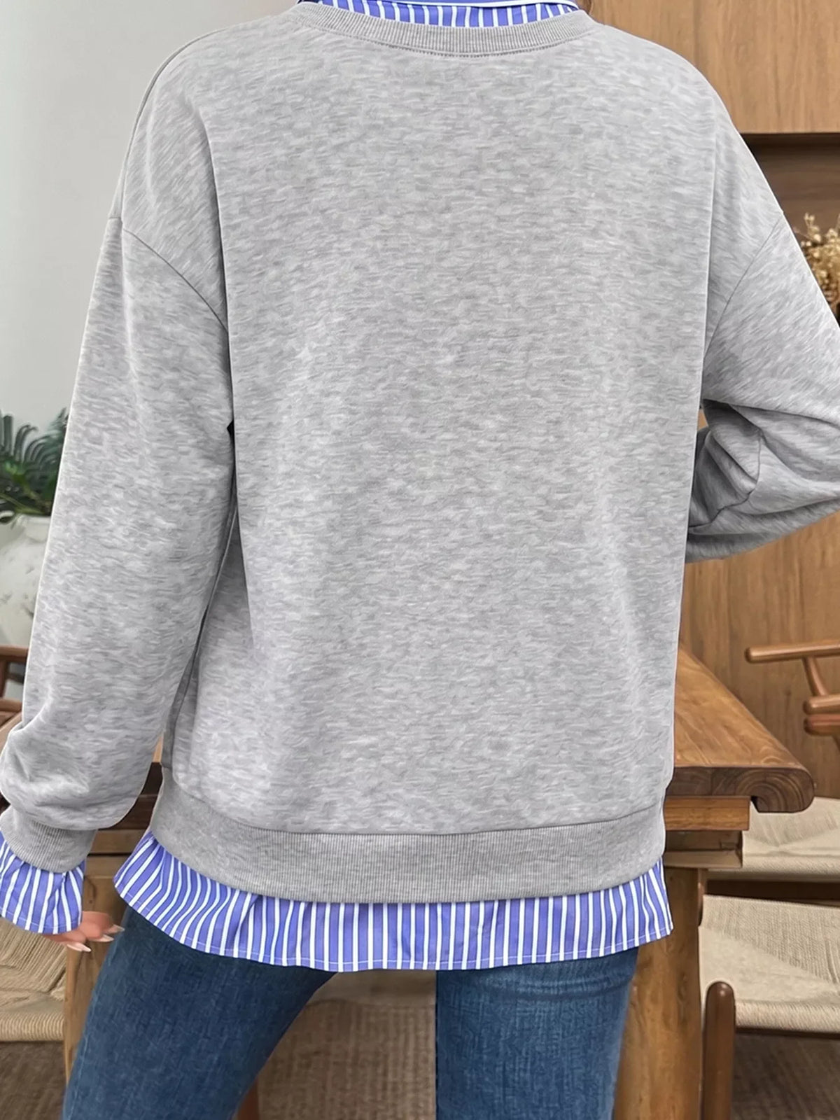 Striped Collar 2-in-1 Patchwork Casual Loose Sweatshirt