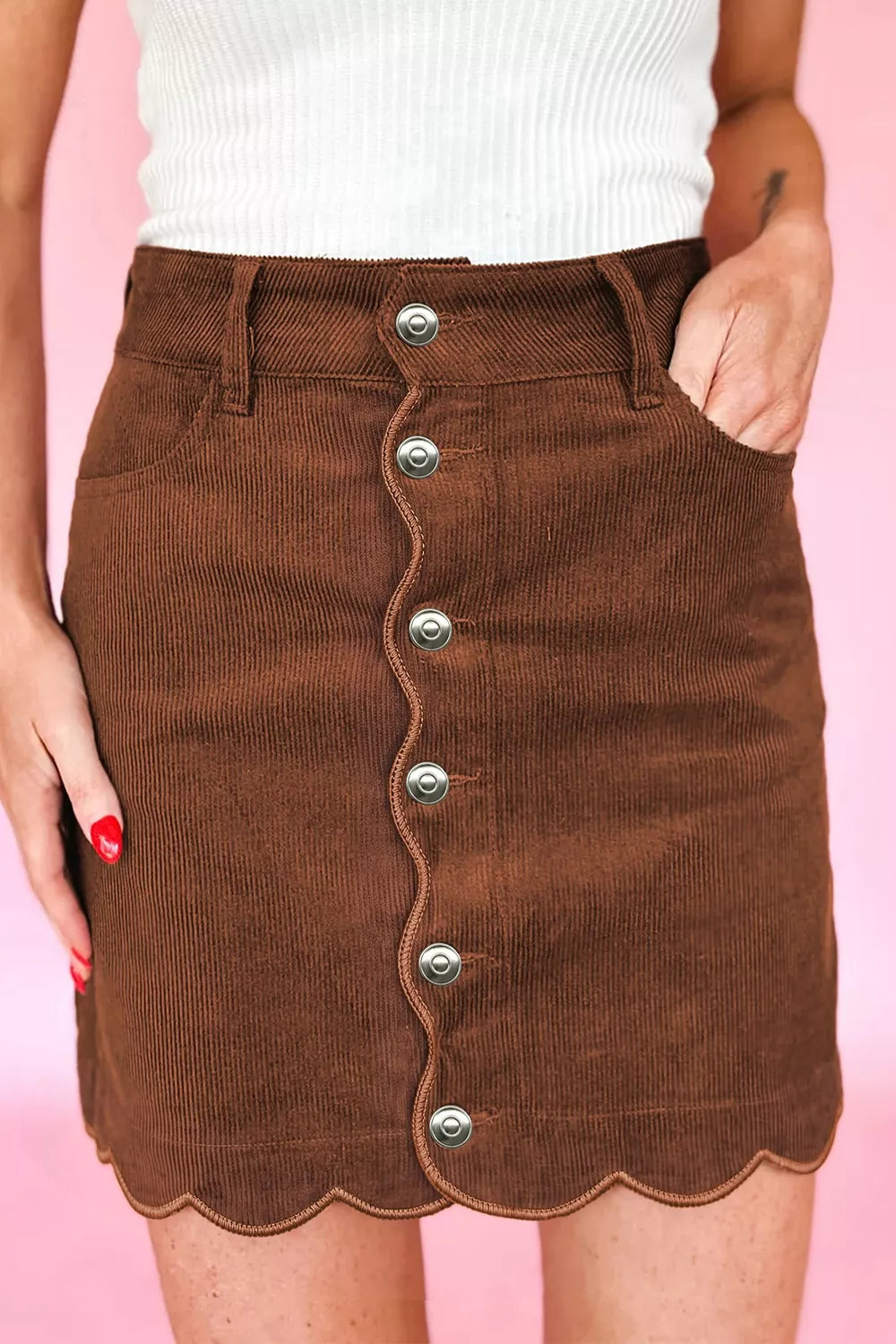 Button Front Corduroy Mini Pockets Sheath Silhouette Skirt