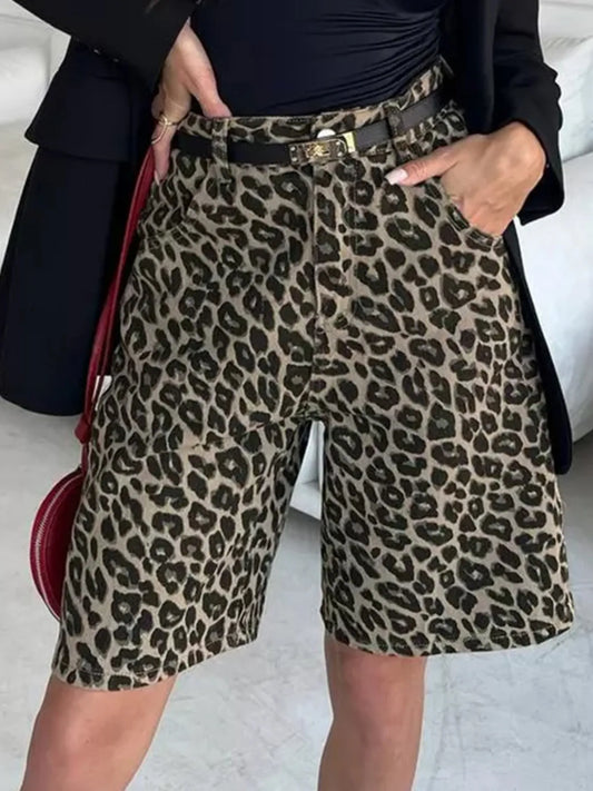 Leopard Print High-Waisted Casual Shorts