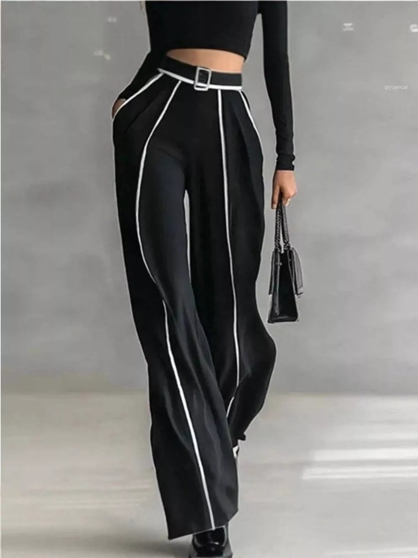 Turtleneck Long Sleeve Top and Contrast Pants Set