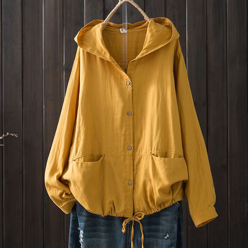 Women's Loose-Fit Hooded Button-Down Top with Drawstring Hem
