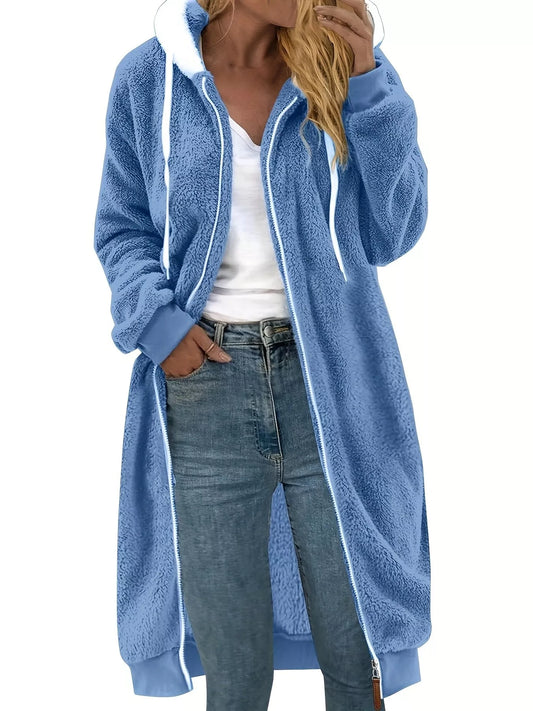 Cozy Fleece Hooded Longline Zip Up Outerwear