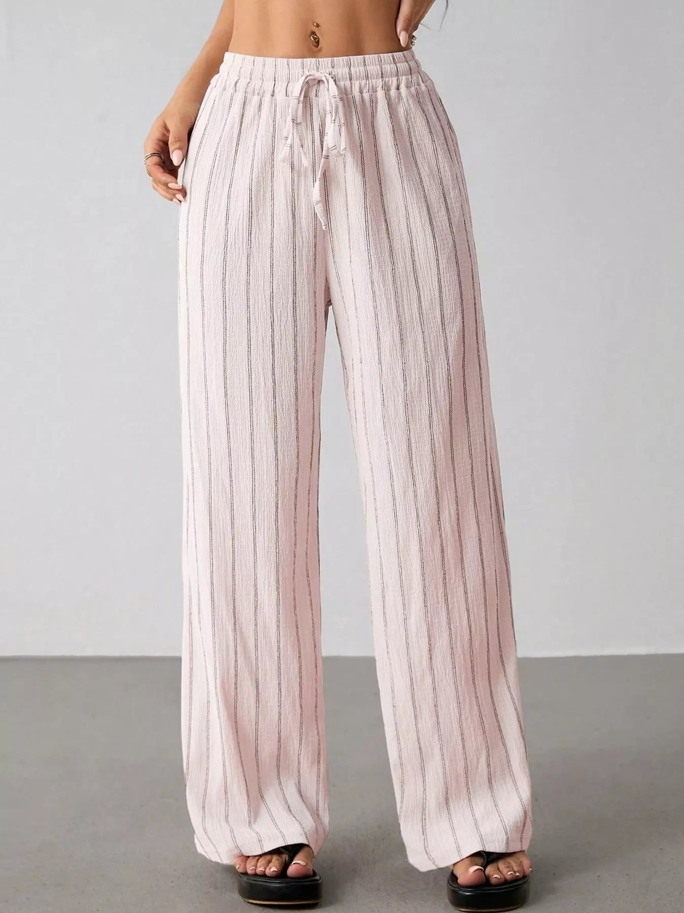 Striped Wide-Leg Drawstring Pants